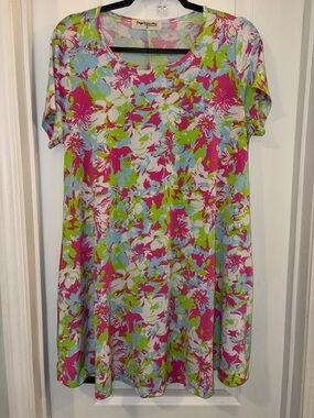 Impressions Floral Scoop-Neck Mini Dress in Pink, Green & Light Blue